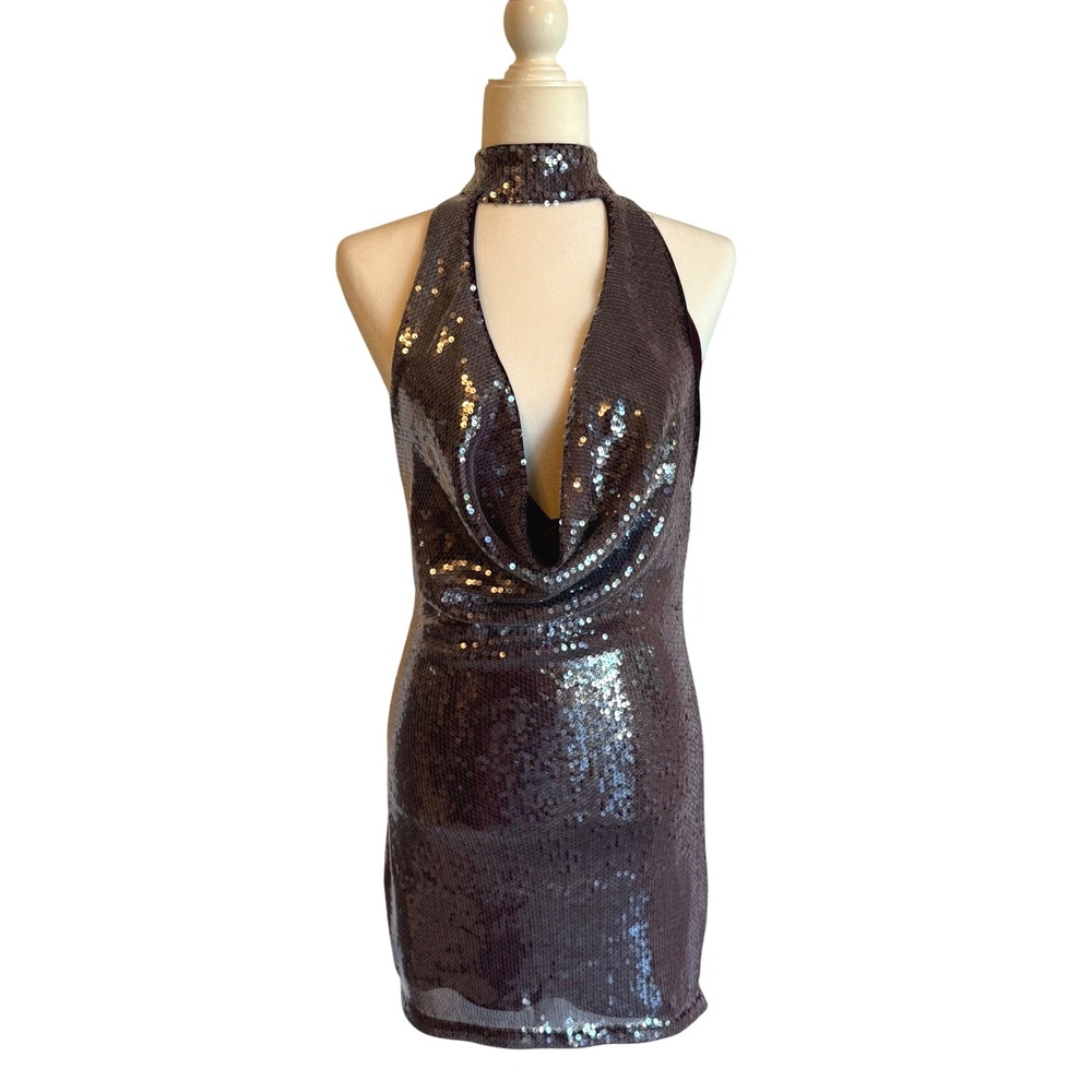 Current Mood Dolls Kill Sequin Halter Mini Dress XS Purple Open Back Y2K Party